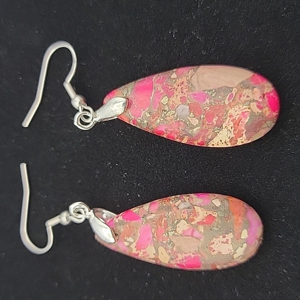 Ruby Orange Sea Sediment Jasper Pyrite Teardrop Pendant Earrings Gemstone - Picture 4 of 5